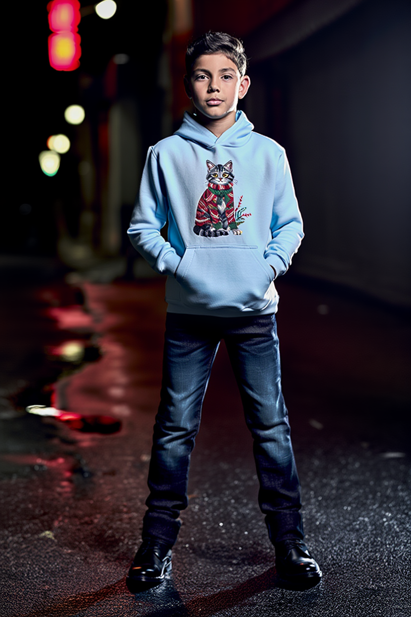 Christmas Kids Hoodie- Festive Cat in Red Christmas Sweater Holiday Hoodie