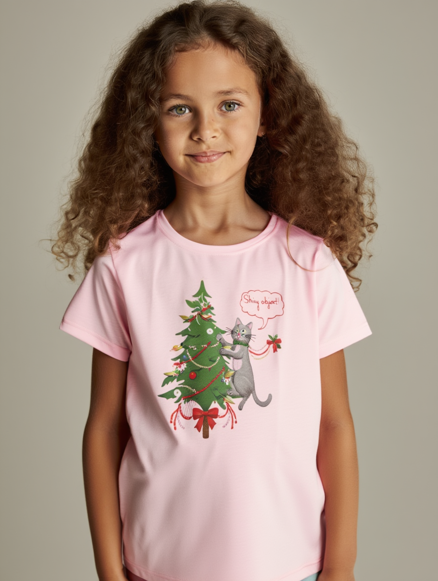 Christmas Kids T-Shirt - Cheeky Cat Climbing Christmas Tree Holiday Tee