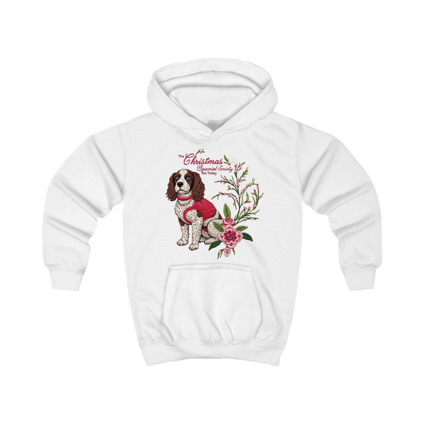 Christmas Springer Spaniel Kids Hoodie- Girls Festive Floral Holiday Sweatshirt