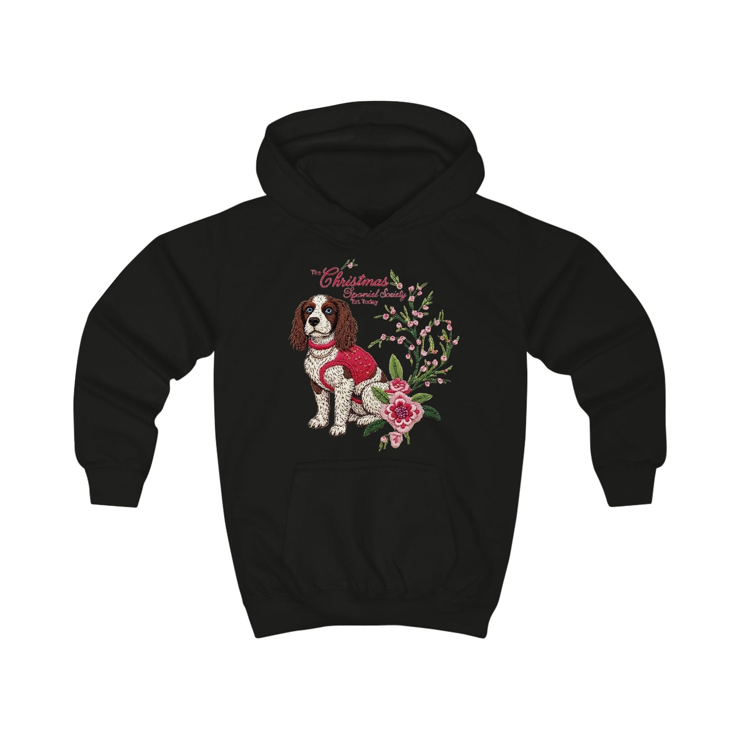 Christmas Springer Spaniel Kids Hoodie- Girls Festive Floral Holiday Sweatshirt