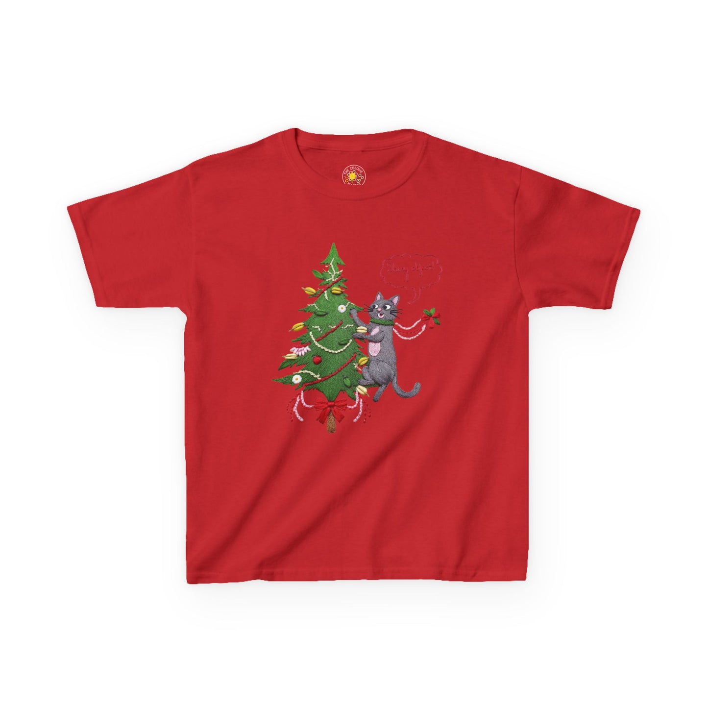 Christmas Kids T-Shirt - Cheeky Cat Climbing Christmas Tree Holiday Tee