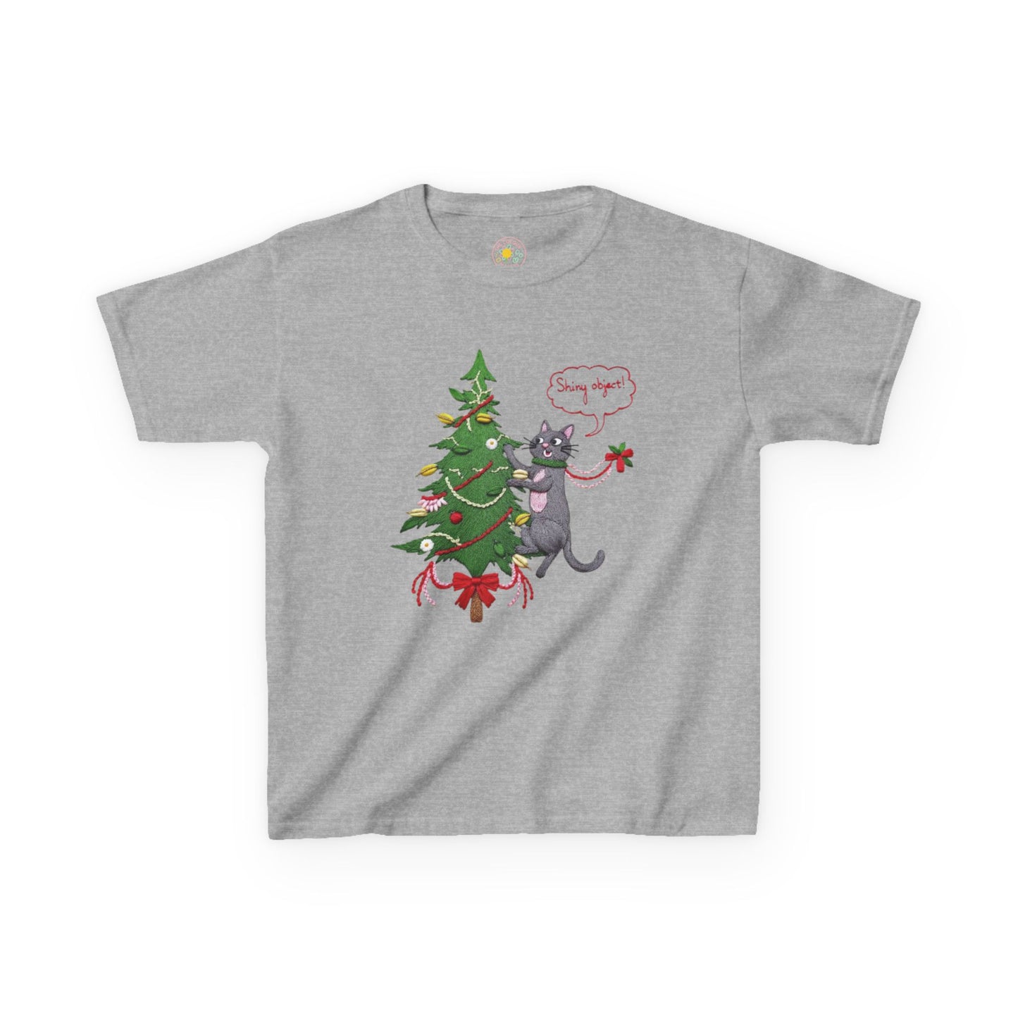 Christmas Kids T-Shirt - Cheeky Cat Climbing Christmas Tree Holiday Tee
