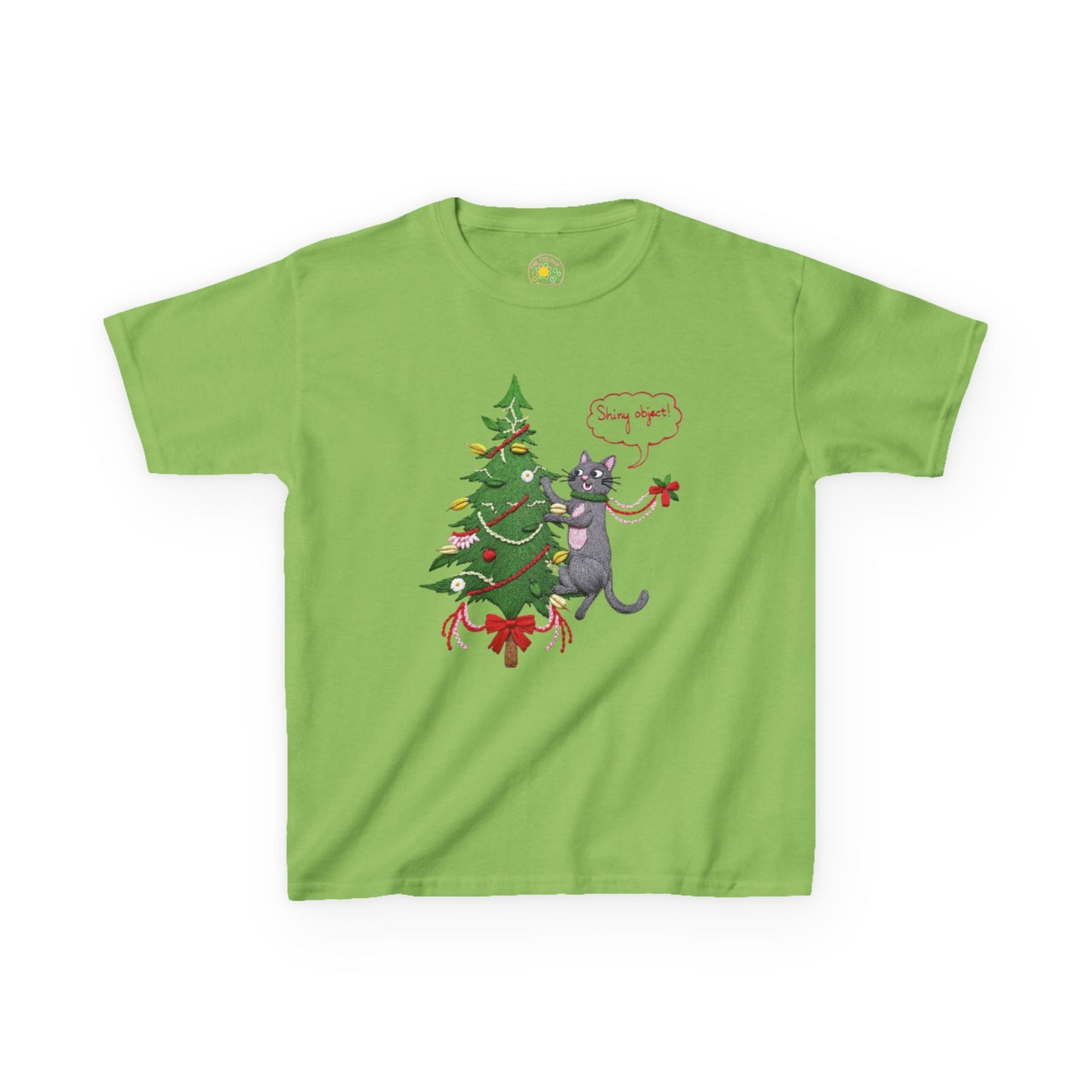 Christmas Kids T-Shirt - Cheeky Cat Climbing Christmas Tree Holiday Tee