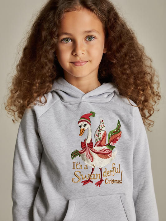 Festive Kids Hoodie - "It's a SWANderful Christmas" Christmas Swan Holiday Sweatshirt