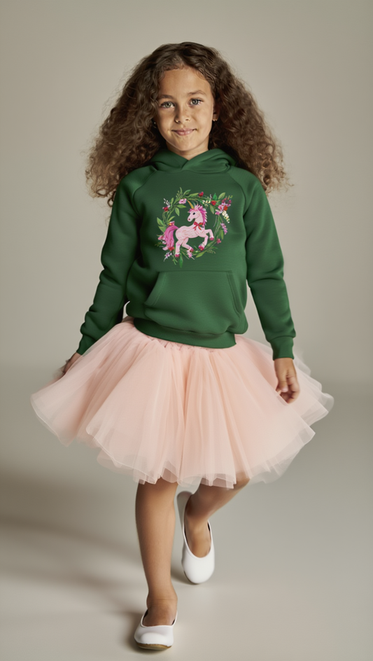 Christmas Unicorn Floral Wreath Kids Hoodie- Pink Magical Unicorn Sweatshirt for Girls