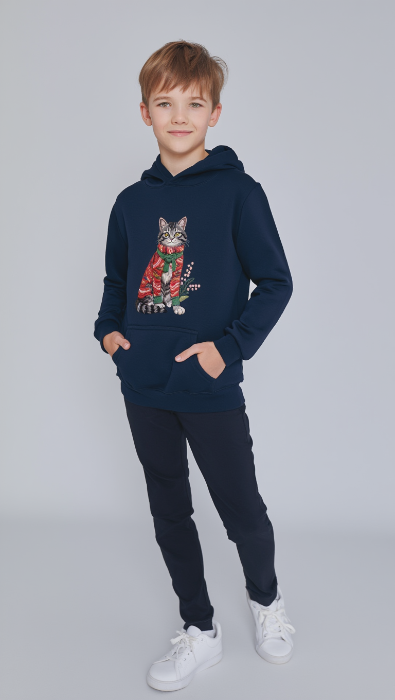 Christmas Kids Hoodie- Festive Cat in Red Christmas Sweater Holiday Hoodie