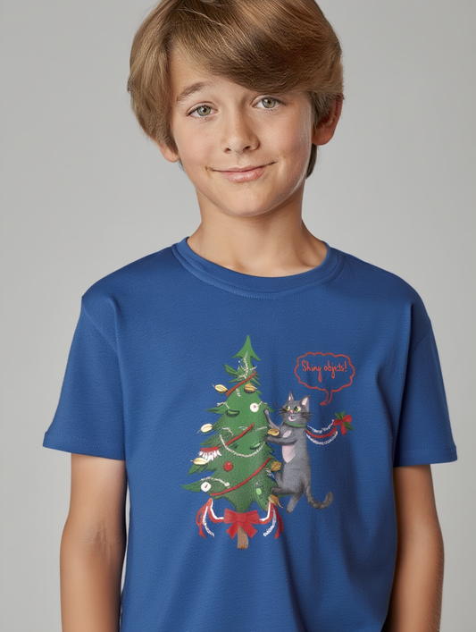 Christmas Kids T-Shirt - Cheeky Cat Climbing Christmas Tree Holiday Tee