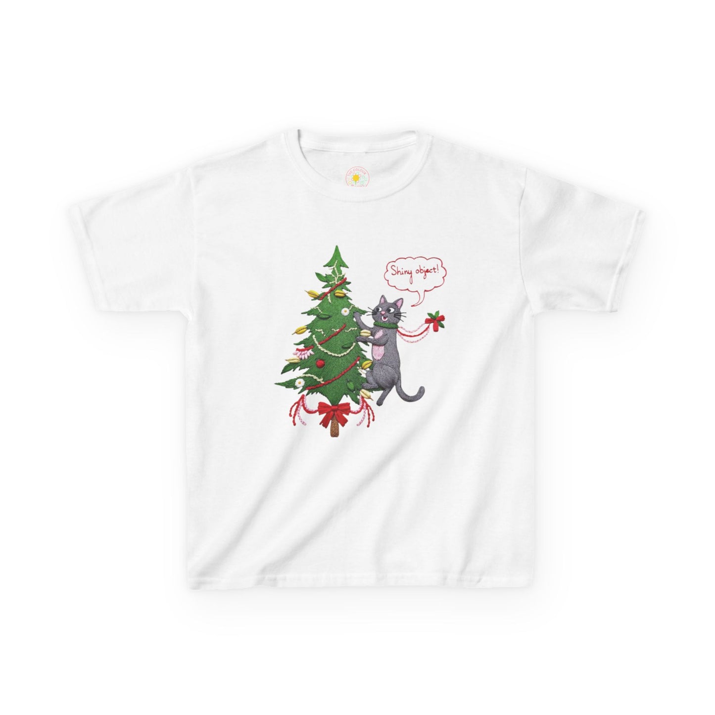Christmas Kids T-Shirt - Cheeky Cat Climbing Christmas Tree Holiday Tee