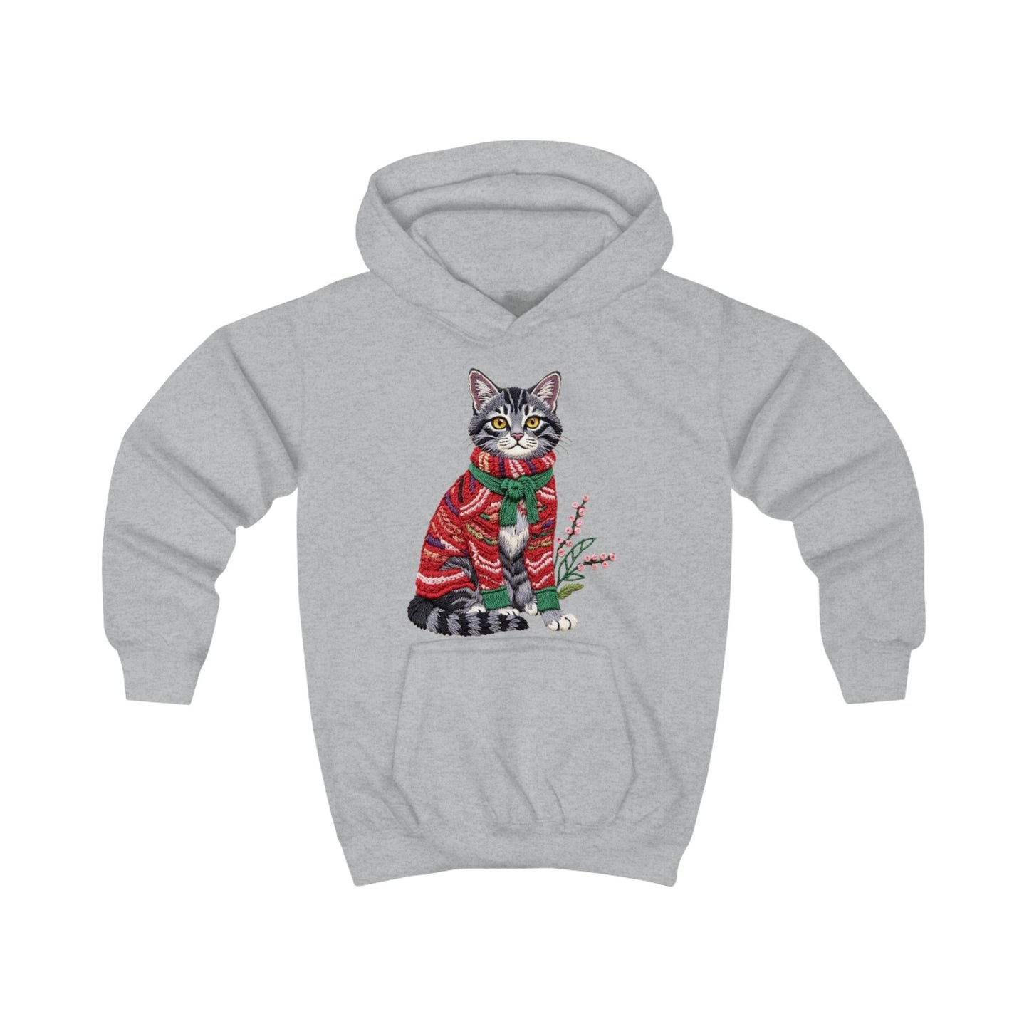 Christmas Kids Hoodie- Festive Cat in Red Christmas Sweater Holiday Hoodie