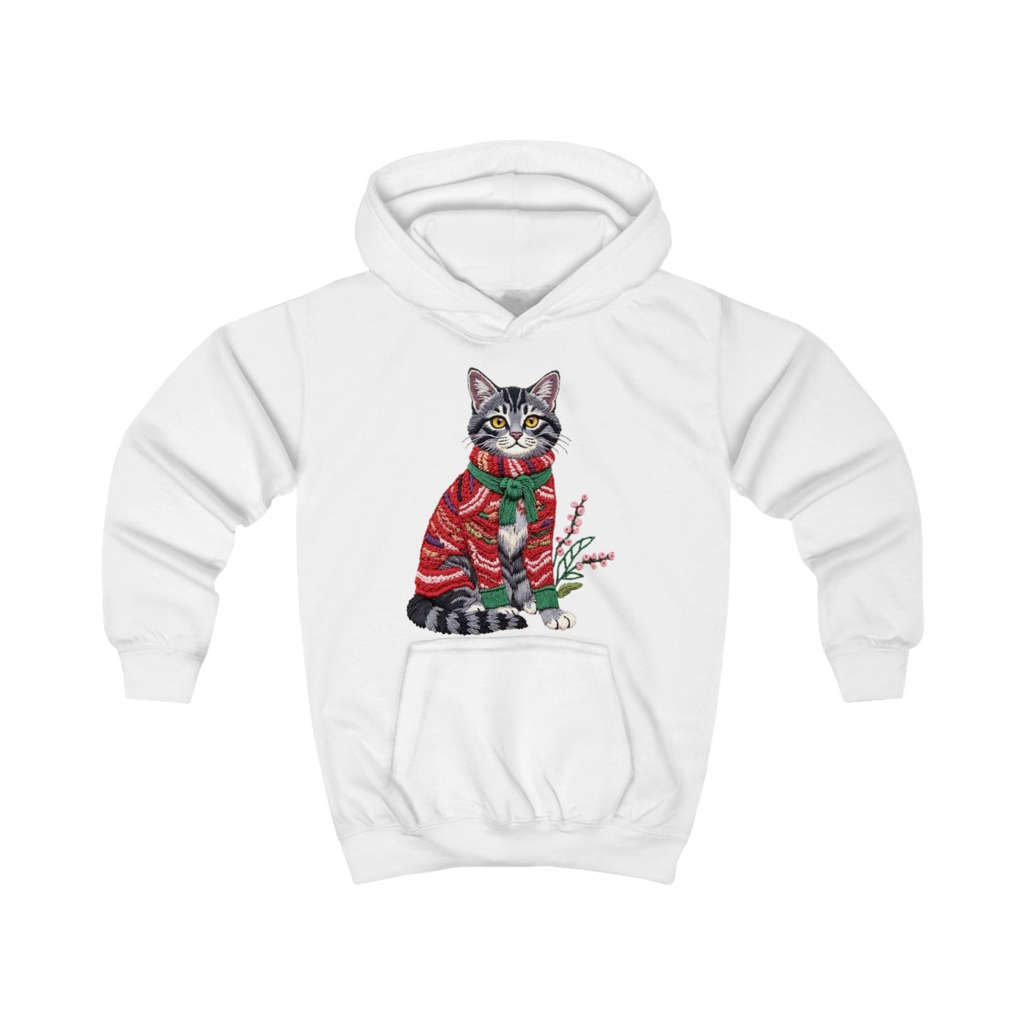 Christmas Kids Hoodie- Festive Cat in Red Christmas Sweater Holiday Hoodie