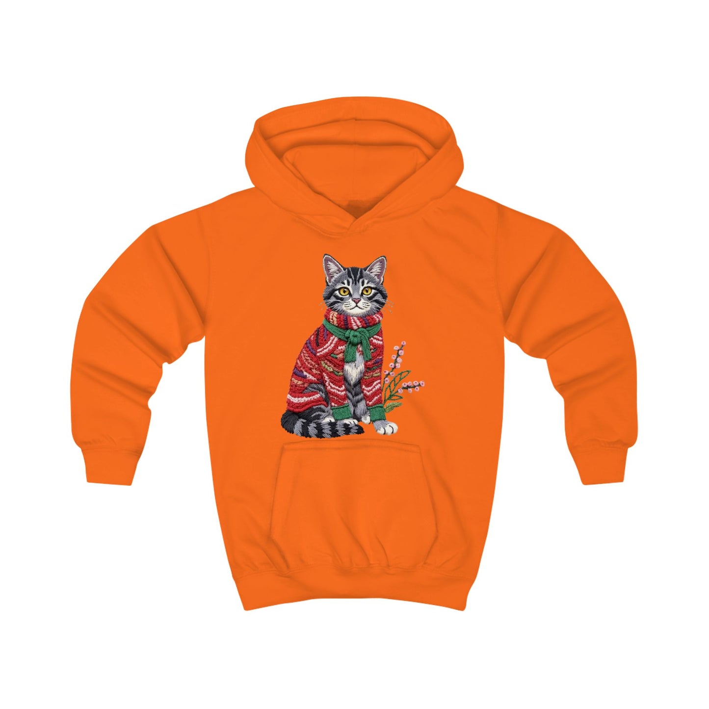 Christmas Kids Hoodie- Festive Cat in Red Christmas Sweater Holiday Hoodie