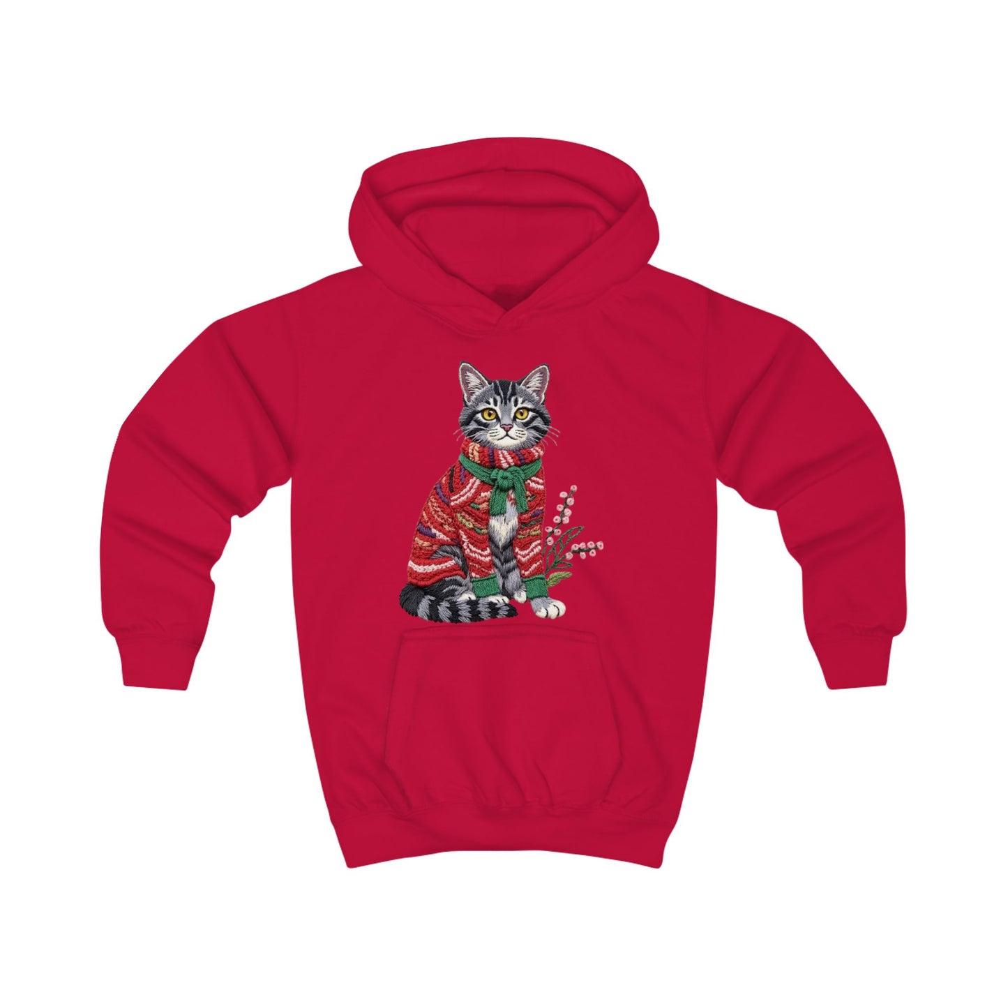 Christmas Kids Hoodie- Festive Cat in Red Christmas Sweater Holiday Hoodie