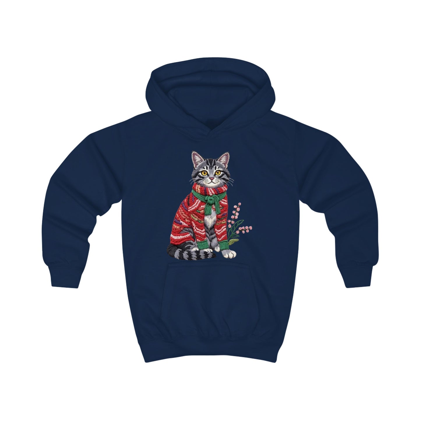 Christmas Kids Hoodie- Festive Cat in Red Christmas Sweater Holiday Hoodie