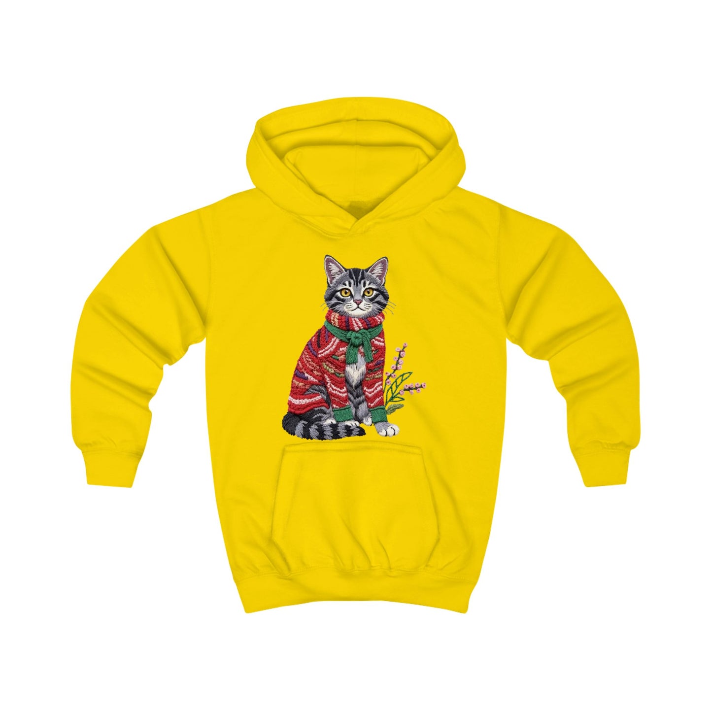 Christmas Kids Hoodie- Festive Cat in Red Christmas Sweater Holiday Hoodie