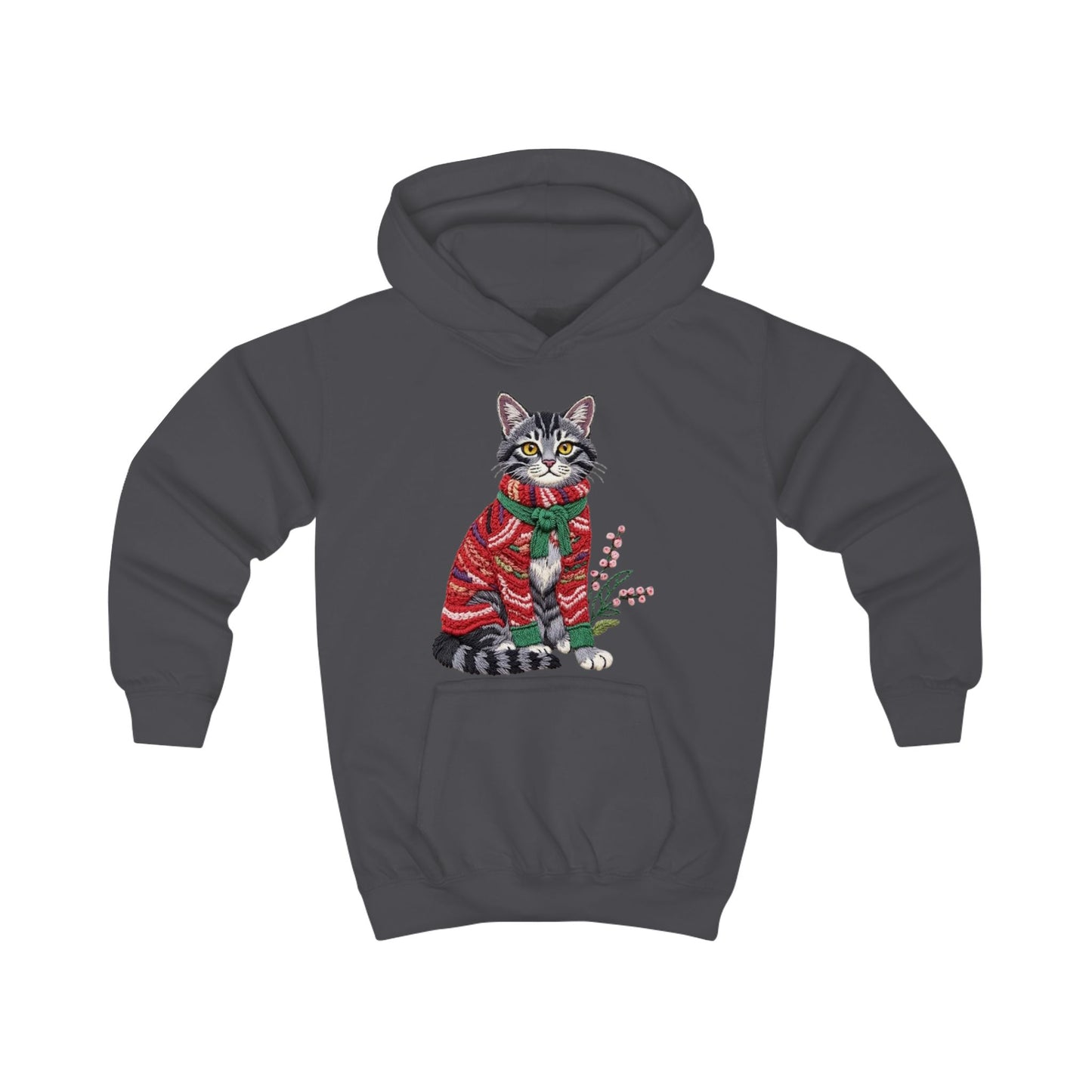 Christmas Kids Hoodie- Festive Cat in Red Christmas Sweater Holiday Hoodie