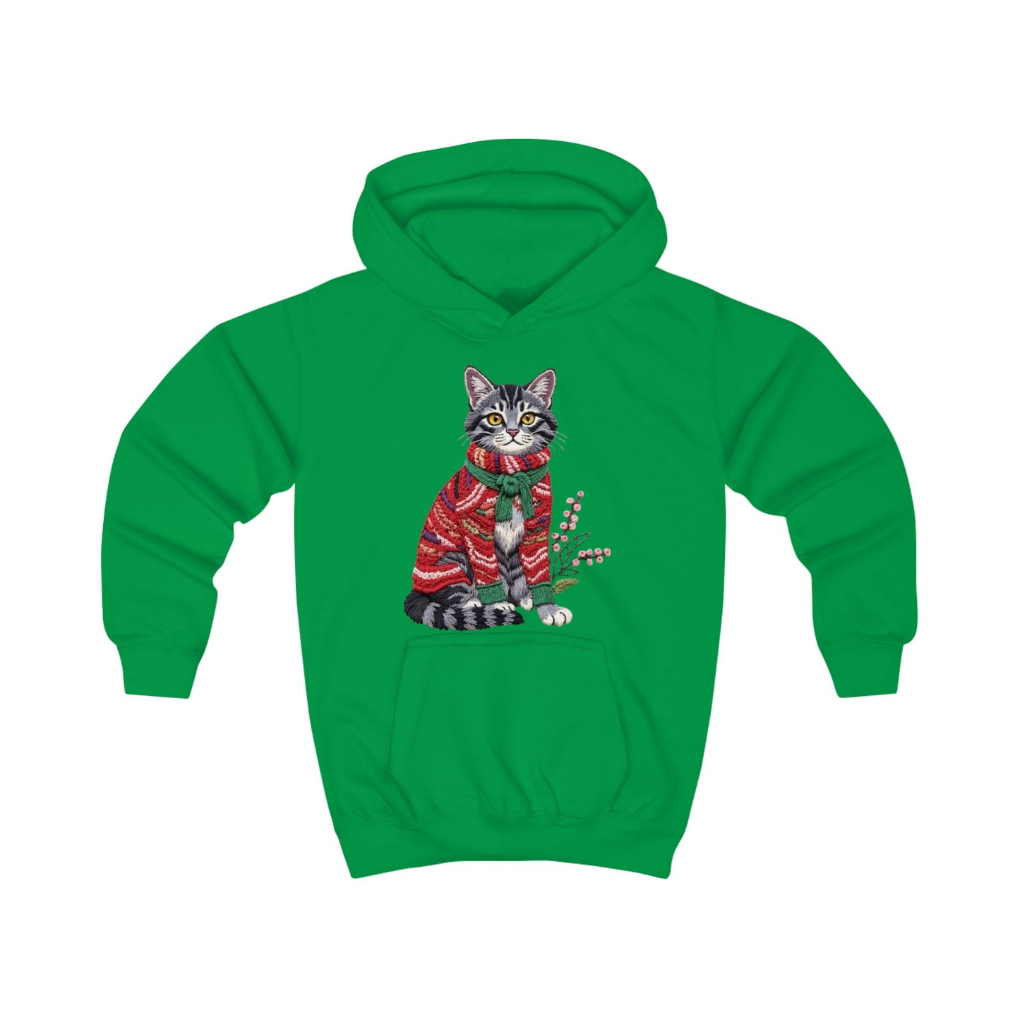 Christmas Kids Hoodie- Festive Cat in Red Christmas Sweater Holiday Hoodie