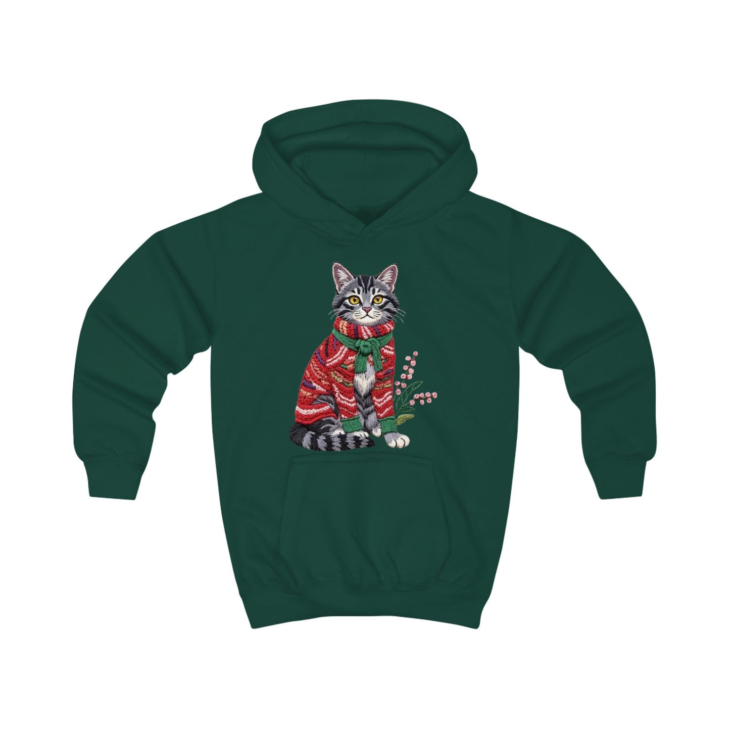 Christmas Kids Hoodie- Festive Cat in Red Christmas Sweater Holiday Hoodie