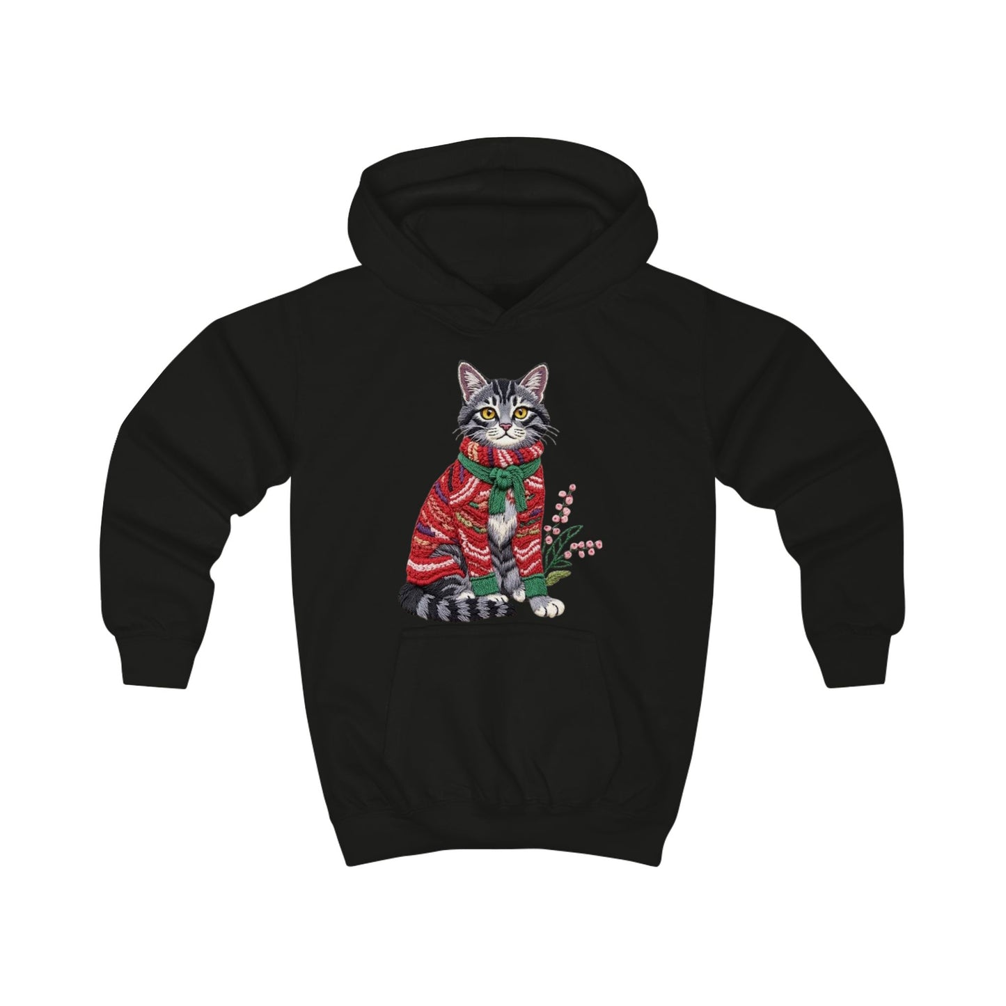 Christmas Kids Hoodie- Festive Cat in Red Christmas Sweater Holiday Hoodie