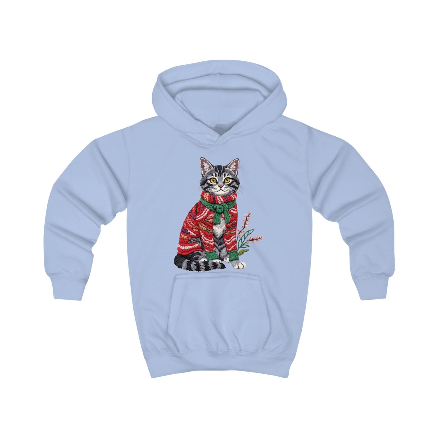 Christmas Kids Hoodie- Festive Cat in Red Christmas Sweater Holiday Hoodie