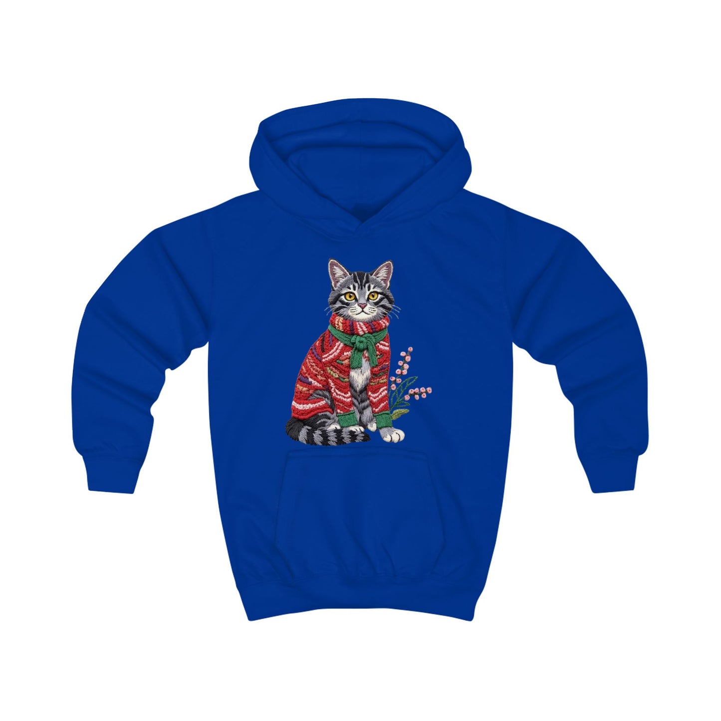 Christmas Kids Hoodie- Festive Cat in Red Christmas Sweater Holiday Hoodie