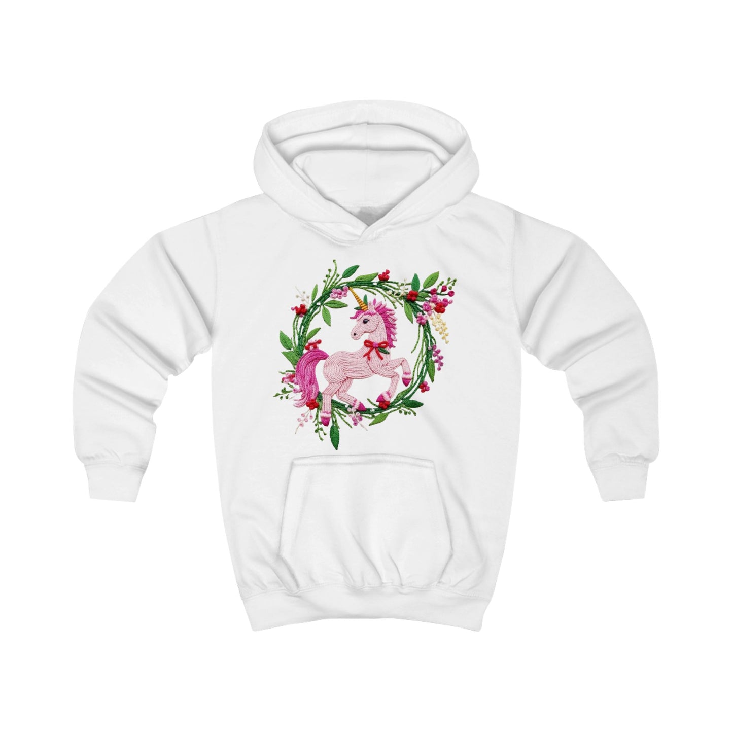 Christmas Unicorn Floral Wreath Kids Hoodie- Pink Magical Unicorn Sweatshirt for Girls