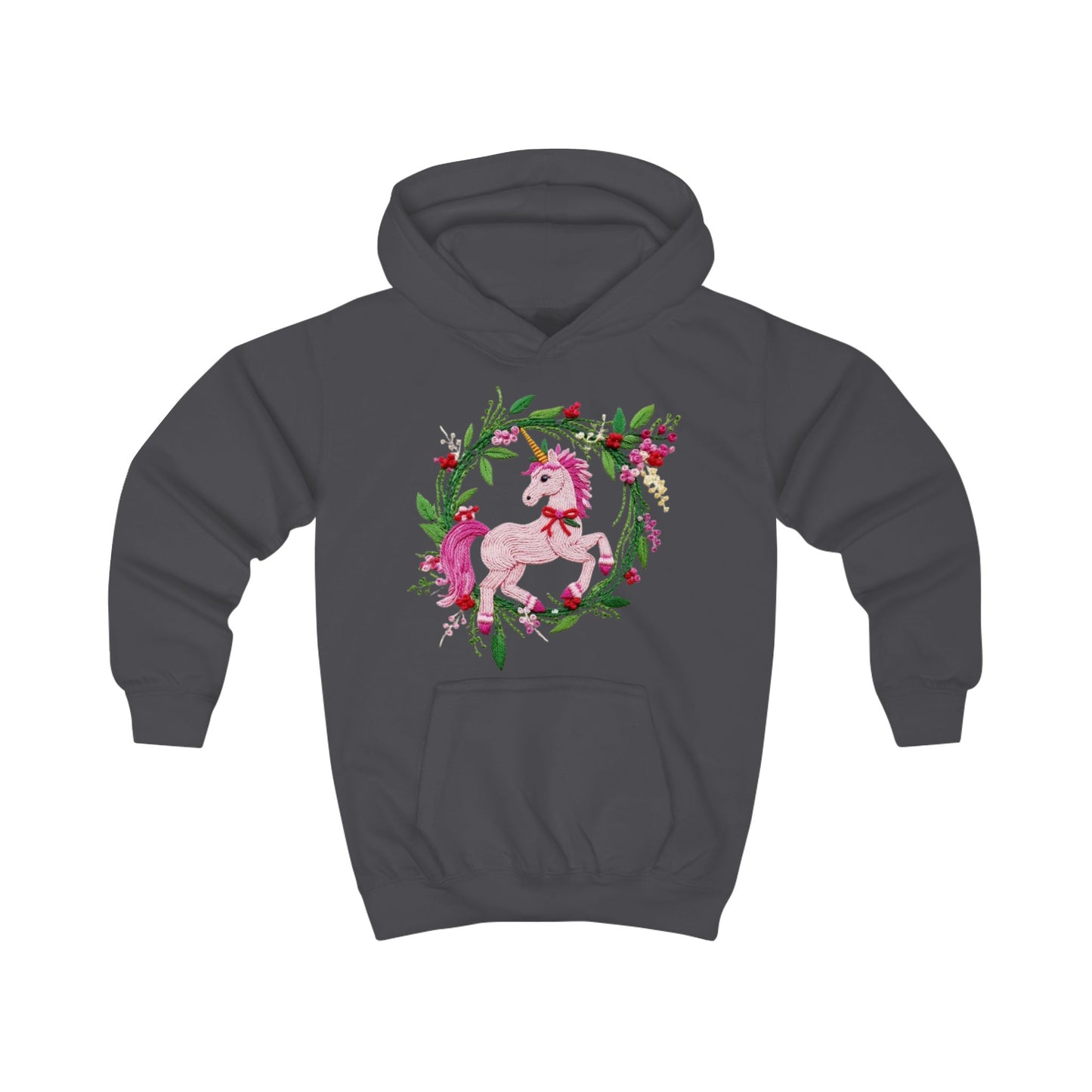 Christmas Unicorn Floral Wreath Kids Hoodie- Pink Magical Unicorn Sweatshirt for Girls