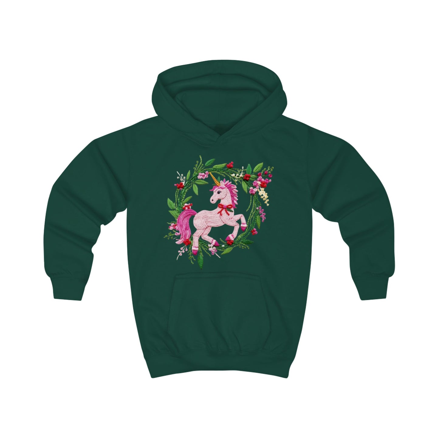 Christmas Unicorn Floral Wreath Kids Hoodie- Pink Magical Unicorn Sweatshirt for Girls