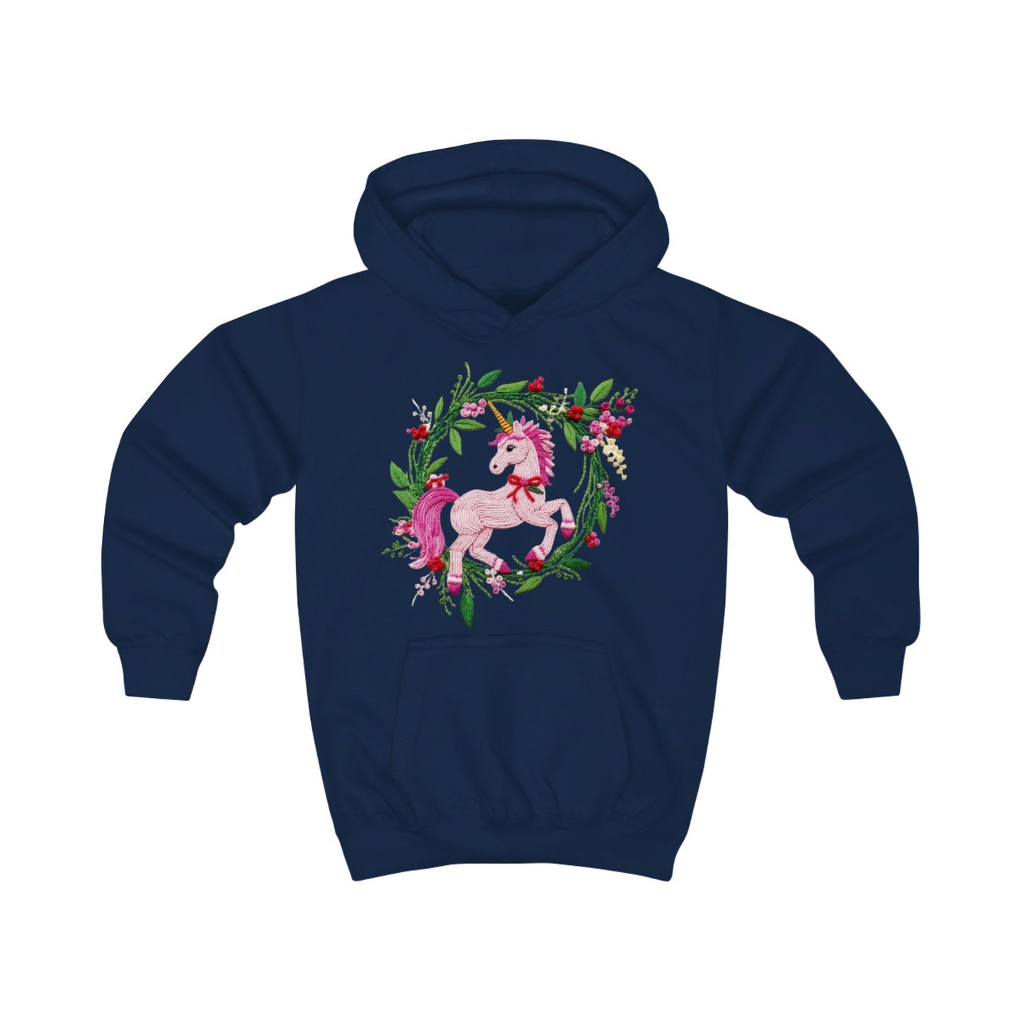 Christmas Unicorn Floral Wreath Kids Hoodie- Pink Magical Unicorn Sweatshirt for Girls