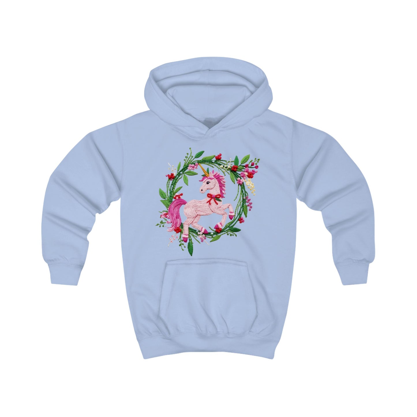 Christmas Unicorn Floral Wreath Kids Hoodie- Pink Magical Unicorn Sweatshirt for Girls