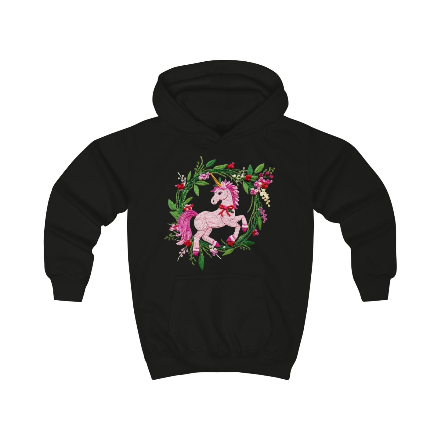 Christmas Unicorn Floral Wreath Kids Hoodie- Pink Magical Unicorn Sweatshirt for Girls