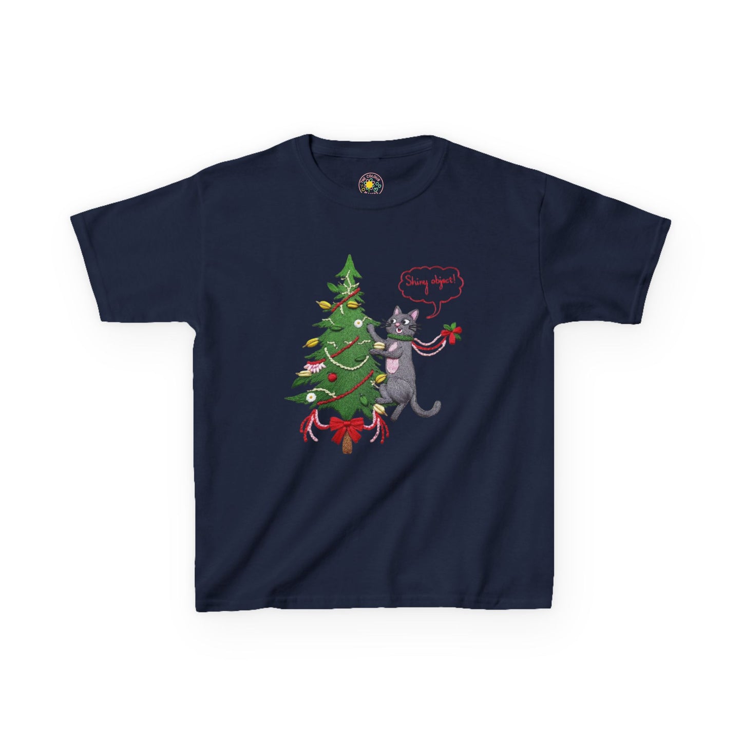 Christmas Kids T-Shirt - Cheeky Cat Climbing Christmas Tree Holiday Tee