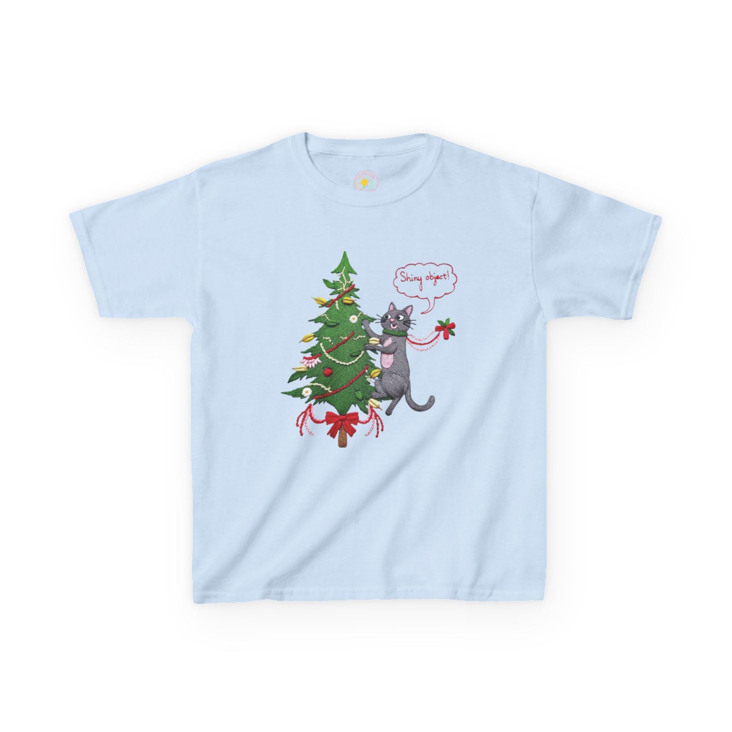 Christmas Kids T-Shirt - Cheeky Cat Climbing Christmas Tree Holiday Tee